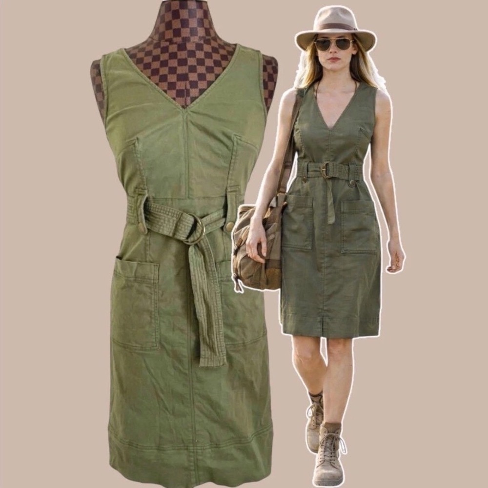 Anthropologie Maeve Oona Utility Dress Olive Green Sleeveless Belted Size 0